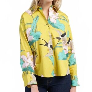 Psophía Vázquez de Castro Yellow Lotus Swallow Bird Print Button Down Shirt M